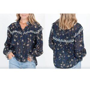 $330 Isabel Marant Blue Fil De Broderie Elmira Embroidered Blouse size FR 36/4